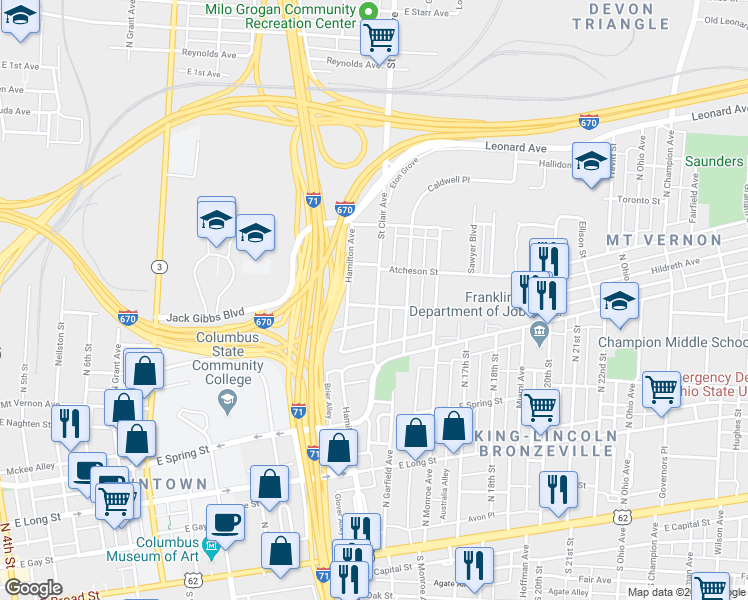 map of restaurants, bars, coffee shops, grocery stores, and more near 391 Saint Clair Avenue in Columbus