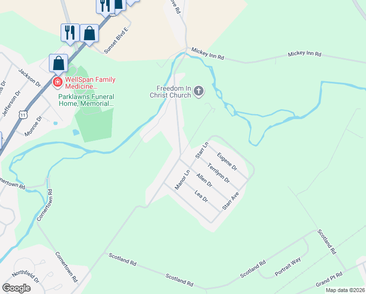 map of restaurants, bars, coffee shops, grocery stores, and more near 3832 Sycamore Grove Road in Chambersburg
