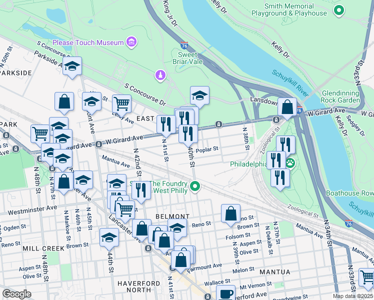 map of restaurants, bars, coffee shops, grocery stores, and more near 1100 North 40th Street in Philadelphia