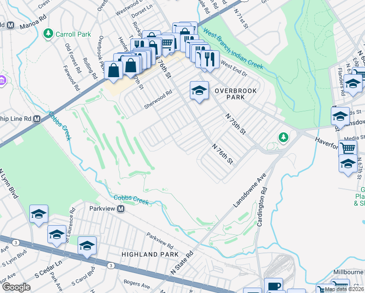 map of restaurants, bars, coffee shops, grocery stores, and more near 7645 Woodcrest Avenue in Philadelphia