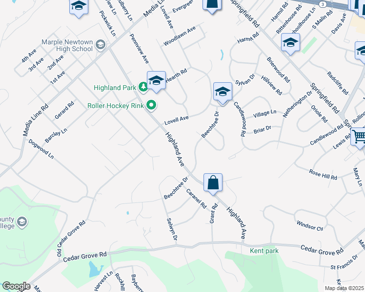 map of restaurants, bars, coffee shops, grocery stores, and more near 2785 Highland Avenue in Broomall
