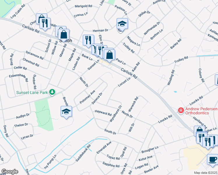 map of restaurants, bars, coffee shops, grocery stores, and more near 2320 Seneca Drive in York