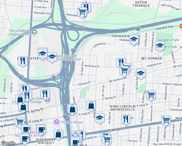map of restaurants, bars, coffee shops, grocery stores, and more near 413 North Monroe Avenue in Columbus