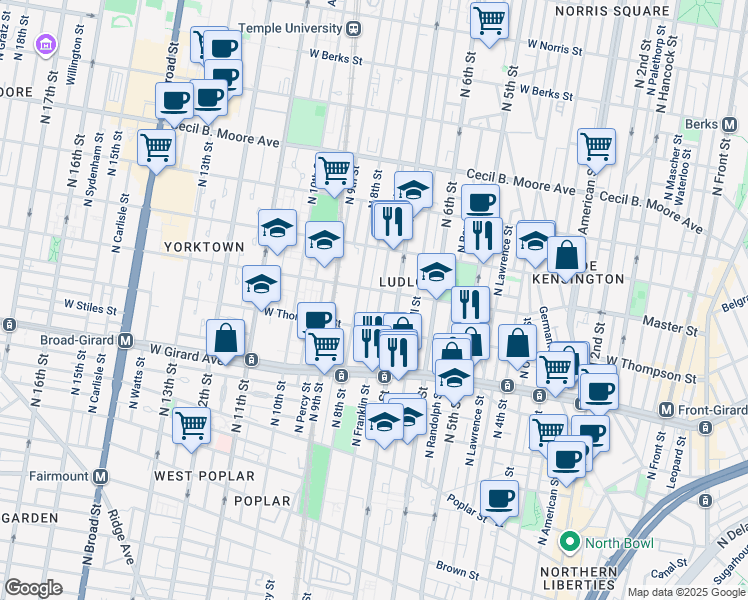 map of restaurants, bars, coffee shops, grocery stores, and more near 1338 North Franklin Street in Philadelphia