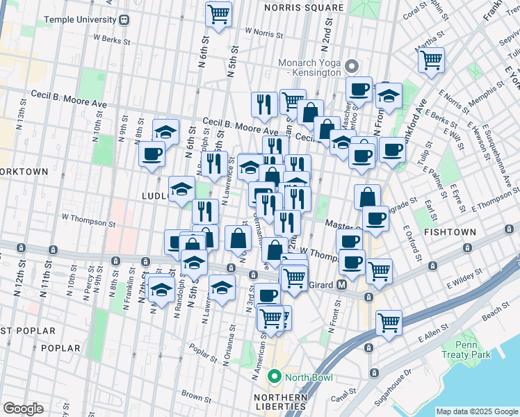 map of restaurants, bars, coffee shops, grocery stores, and more near 1409 Germantown Avenue in Philadelphia