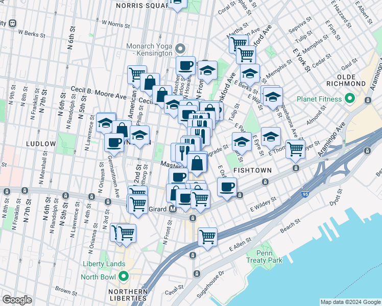 map of restaurants, bars, coffee shops, grocery stores, and more near 12 Jefferson Street in Philadelphia