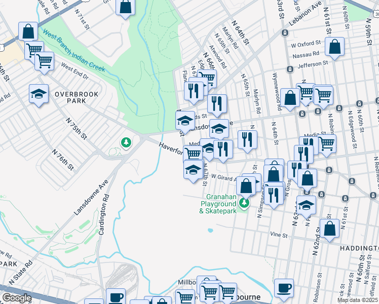 map of restaurants, bars, coffee shops, grocery stores, and more near 6722 Lansdowne Avenue in Philadelphia