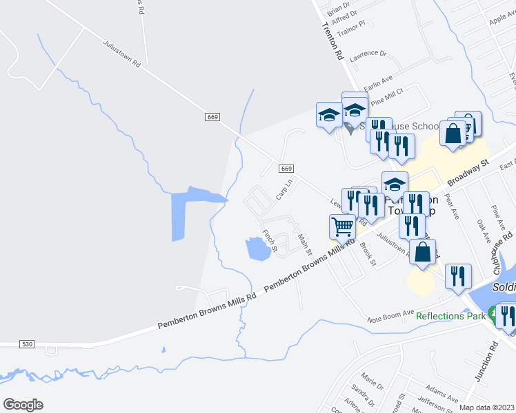 map of restaurants, bars, coffee shops, grocery stores, and more near 13 Vanilla Lane in Pemberton Township