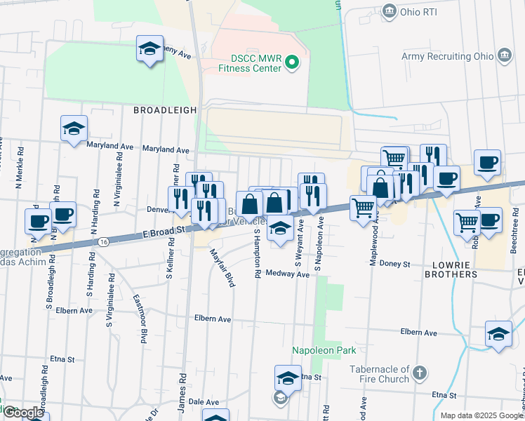 map of restaurants, bars, coffee shops, grocery stores, and more near 3438 East Broad Street in Columbus