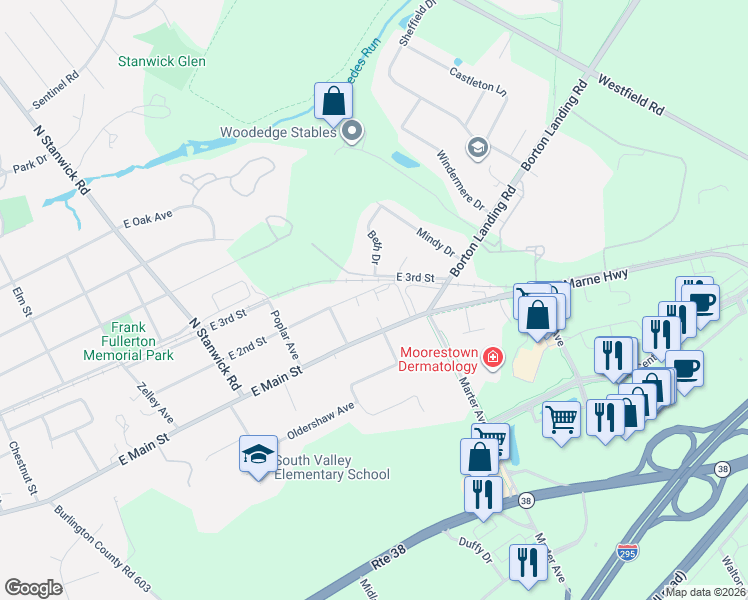 map of restaurants, bars, coffee shops, grocery stores, and more near 633 East Main Street in Moorestown