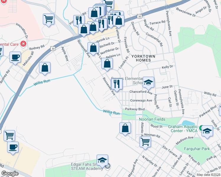 map of restaurants, bars, coffee shops, grocery stores, and more near 1099 Community Place in York