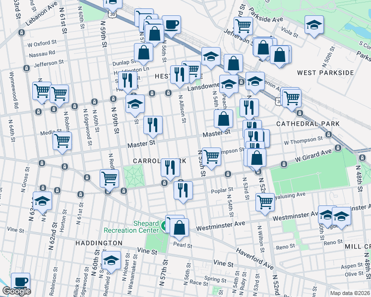 map of restaurants, bars, coffee shops, grocery stores, and more near 5538 Master Street in Philadelphia