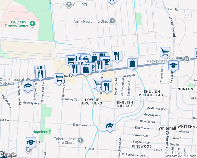 map of restaurants, bars, coffee shops, grocery stores, and more near 65 Robinwood Avenue in Whitehall