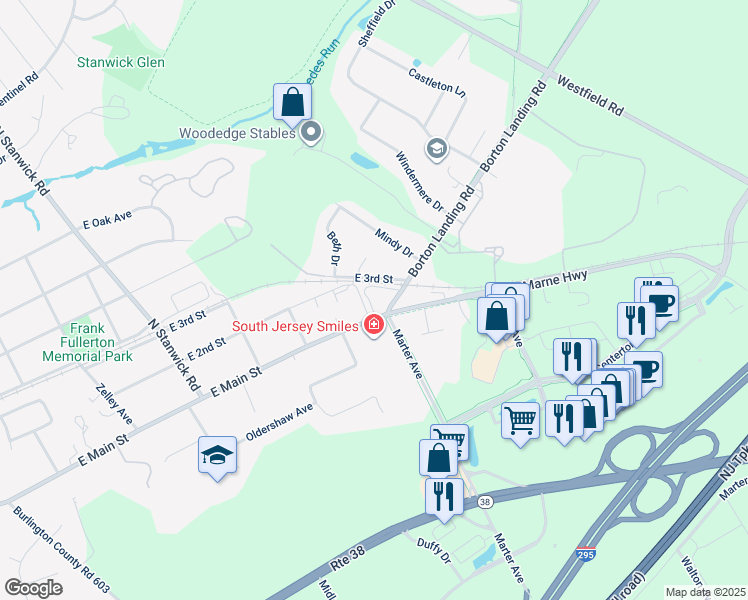 map of restaurants, bars, coffee shops, grocery stores, and more near 635 East Main Street in Moorestown