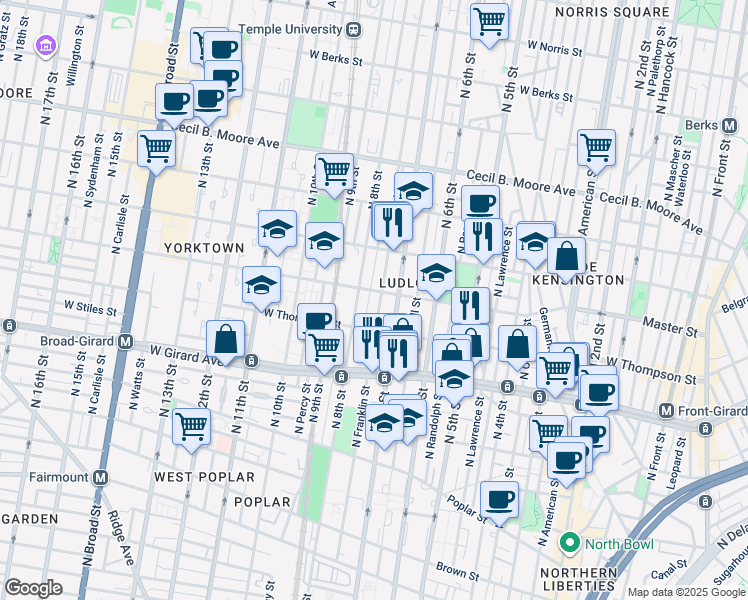 map of restaurants, bars, coffee shops, grocery stores, and more near 1338 North Franklin Street in Philadelphia