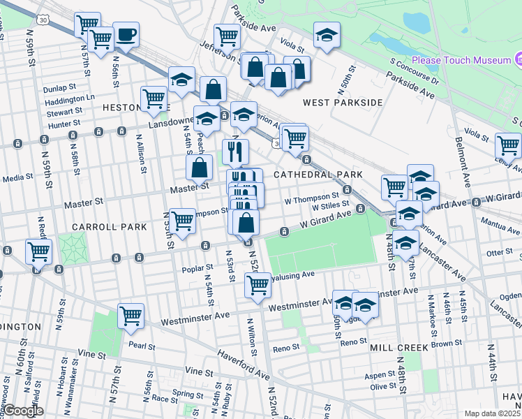 map of restaurants, bars, coffee shops, grocery stores, and more near 5132 Kershaw Street in Philadelphia
