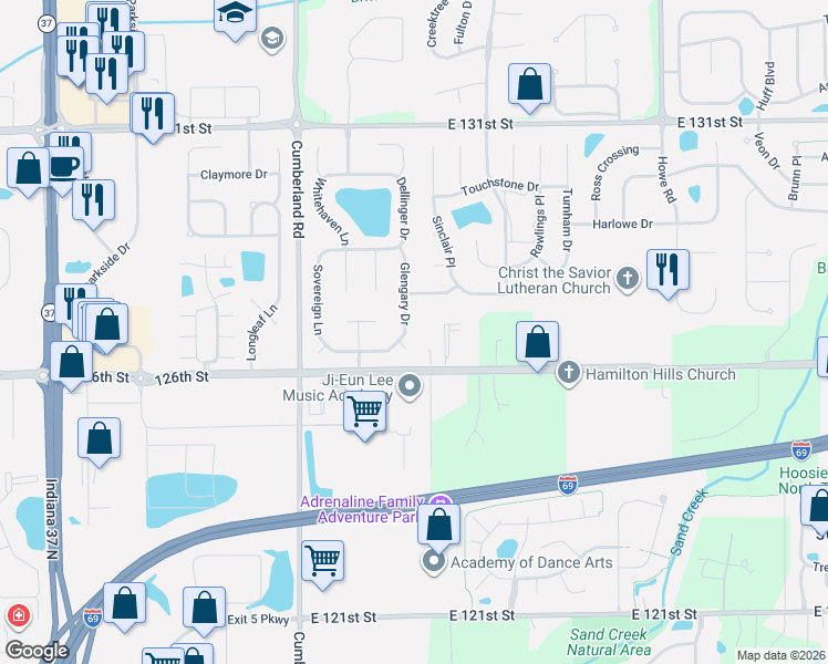 map of restaurants, bars, coffee shops, grocery stores, and more near 10047 Perlita Place in Fishers