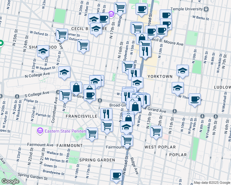 map of restaurants, bars, coffee shops, grocery stores, and more near 1539 West Stiles Street in Philadelphia