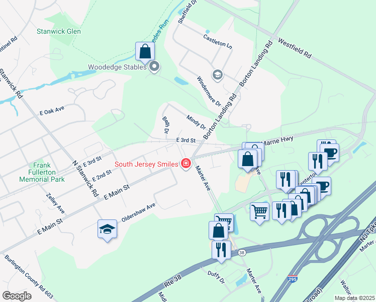 map of restaurants, bars, coffee shops, grocery stores, and more near 635 East Main Street in Moorestown