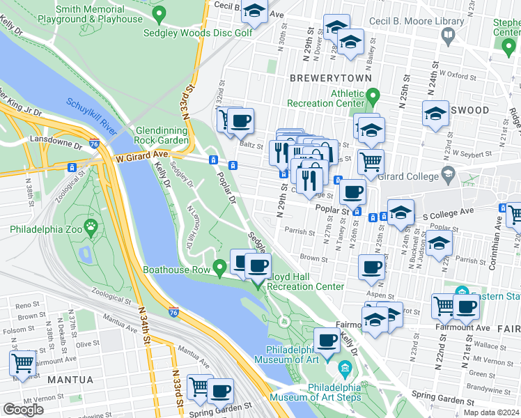 map of restaurants, bars, coffee shops, grocery stores, and more near 2941 Ogden Street in Philadelphia