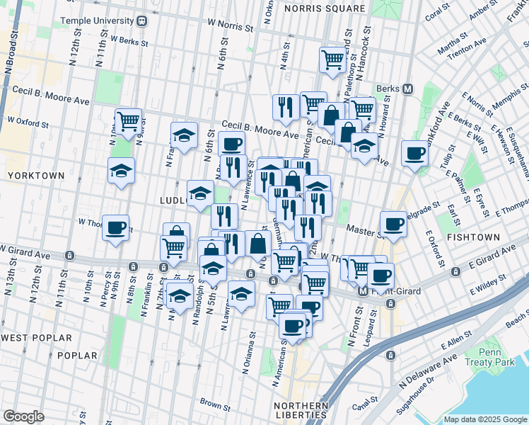 map of restaurants, bars, coffee shops, grocery stores, and more near 1418 North Orianna Street in Philadelphia