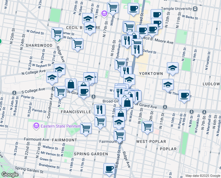 map of restaurants, bars, coffee shops, grocery stores, and more near 1529 West Stiles Street in Philadelphia