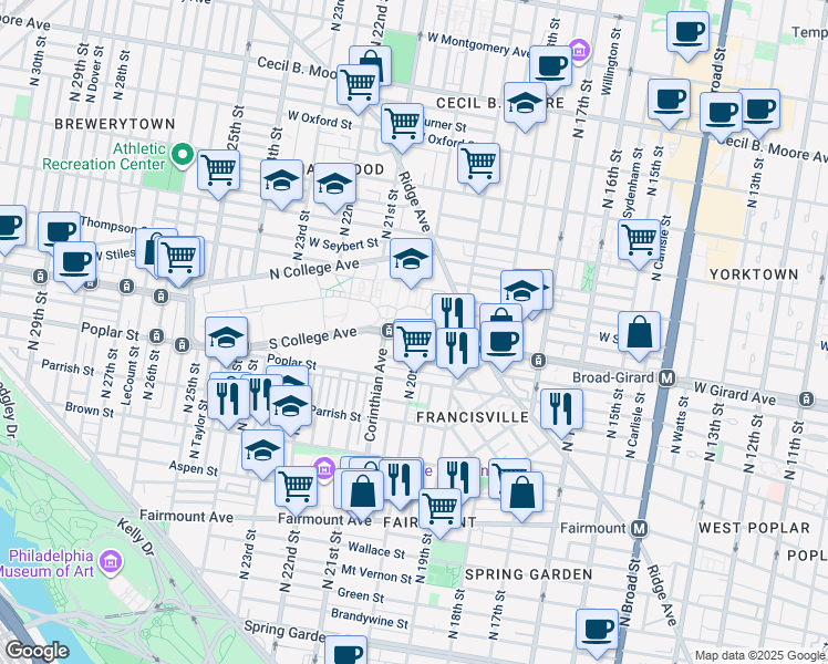map of restaurants, bars, coffee shops, grocery stores, and more near 2005 West Girard Avenue in Philadelphia