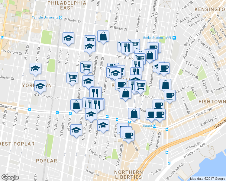 map of restaurants, bars, coffee shops, grocery stores, and more near 1418 North Orianna Street in Philadelphia