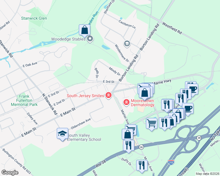 map of restaurants, bars, coffee shops, grocery stores, and more near 619 East 3rd Street in Moorestown