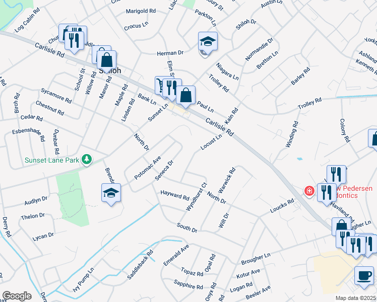 map of restaurants, bars, coffee shops, grocery stores, and more near 2320 Seneca Drive in York