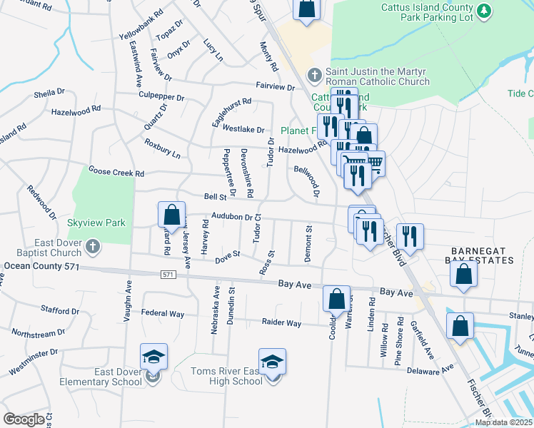 map of restaurants, bars, coffee shops, grocery stores, and more near 1102 Audubon Drive in Toms River