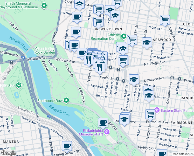 map of restaurants, bars, coffee shops, grocery stores, and more near 2808 Poplar Street in Philadelphia