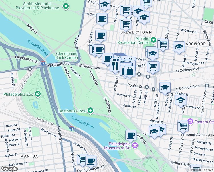 map of restaurants, bars, coffee shops, grocery stores, and more near 2941 Ogden Street in Philadelphia