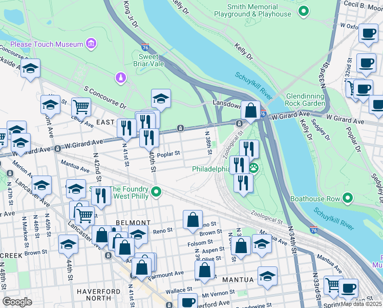 map of restaurants, bars, coffee shops, grocery stores, and more near 3852 Poplar Street in Philadelphia