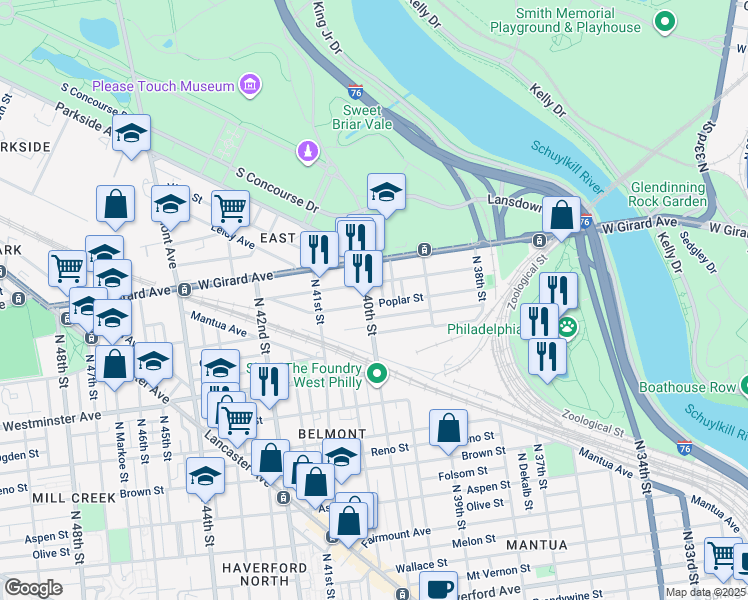 map of restaurants, bars, coffee shops, grocery stores, and more near 1103 North 40th Street in Philadelphia