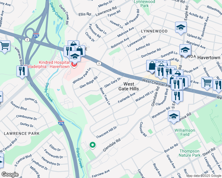 map of restaurants, bars, coffee shops, grocery stores, and more near 220 Oxford Hill Lane in Havertown