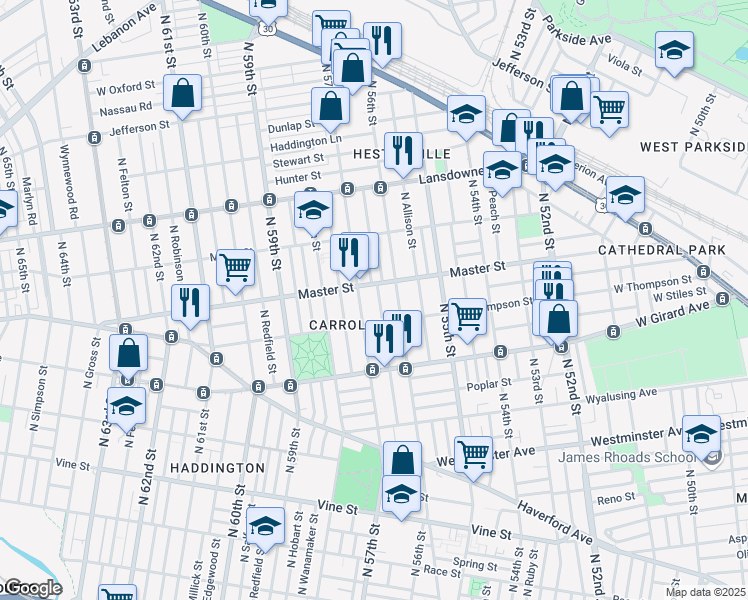 map of restaurants, bars, coffee shops, grocery stores, and more near 1324 North Frazier Street in Philadelphia