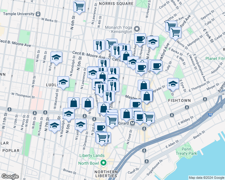 map of restaurants, bars, coffee shops, grocery stores, and more near 1416 North 2nd Street in Philadelphia