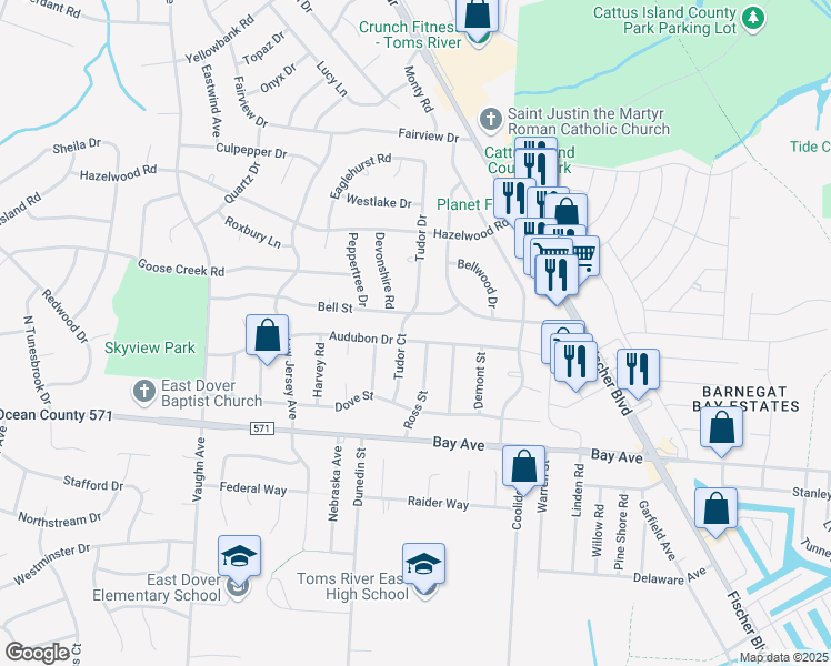 map of restaurants, bars, coffee shops, grocery stores, and more near 1102 Audubon Drive in Toms River