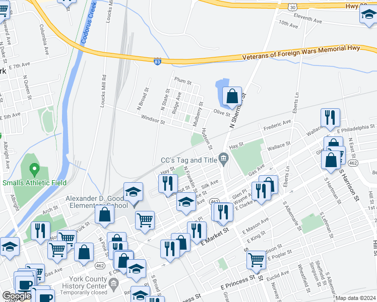 map of restaurants, bars, coffee shops, grocery stores, and more near 701 Hay Street in York