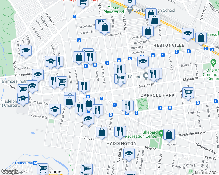 map of restaurants, bars, coffee shops, grocery stores, and more near 1410 North 61st Street in Philadelphia