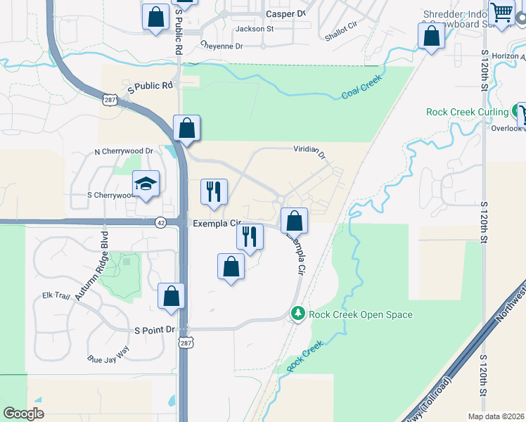 map of restaurants, bars, coffee shops, grocery stores, and more near 2481 South Public Road in Lafayette