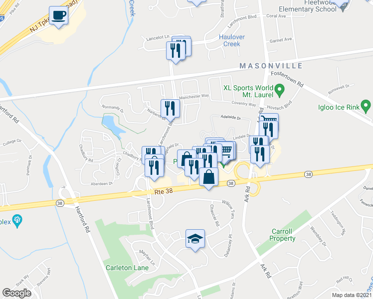 map of restaurants, bars, coffee shops, grocery stores, and more near 2607A Heatherstone Court in Mount Laurel Township