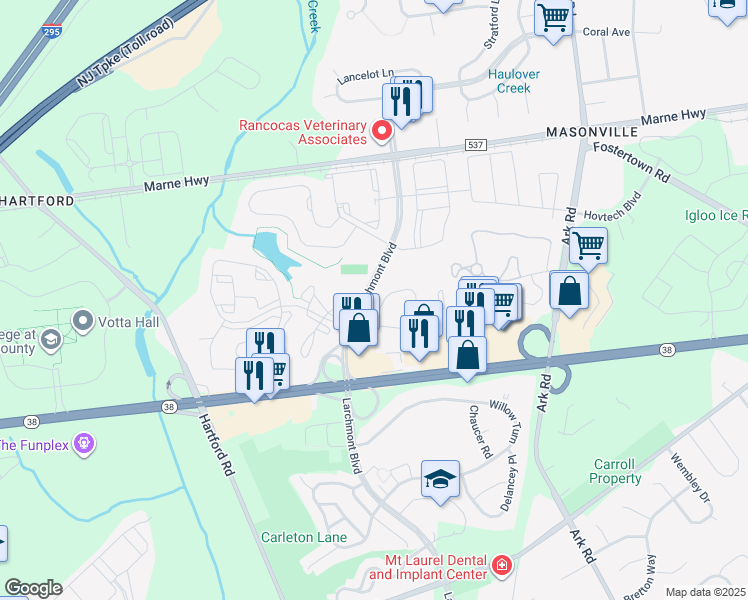 map of restaurants, bars, coffee shops, grocery stores, and more near 505A Sedgefield Drive in Mount Laurel Township