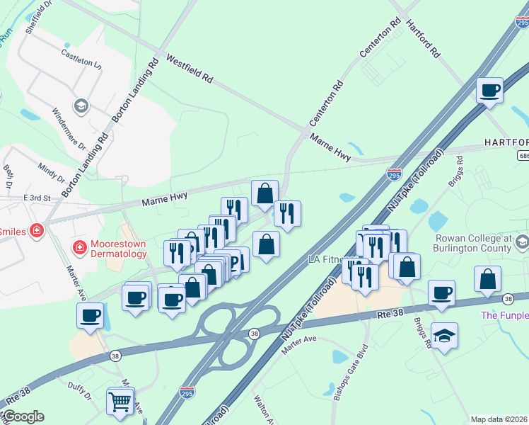 map of restaurants, bars, coffee shops, grocery stores, and more near 100 Centerton Road in Mount Laurel Township