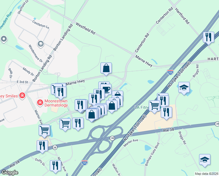map of restaurants, bars, coffee shops, grocery stores, and more near 760 Marne Highway in Moorestown
