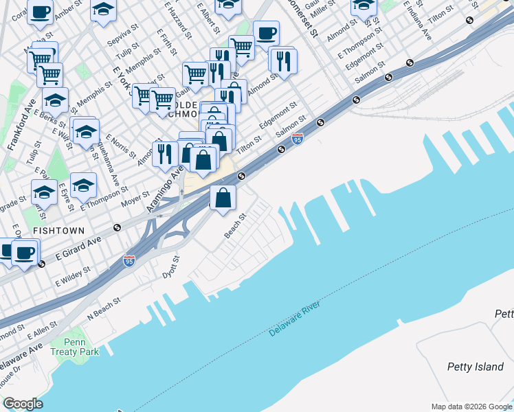 map of restaurants, bars, coffee shops, grocery stores, and more near 2865-2899 East Cumberland Street in Philadelphia