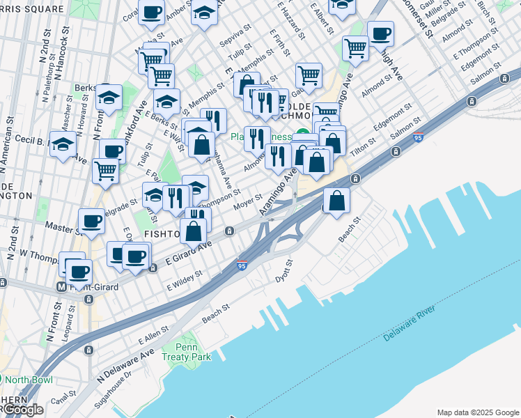 map of restaurants, bars, coffee shops, grocery stores, and more near 1237 East Fletcher Street in Philadelphia