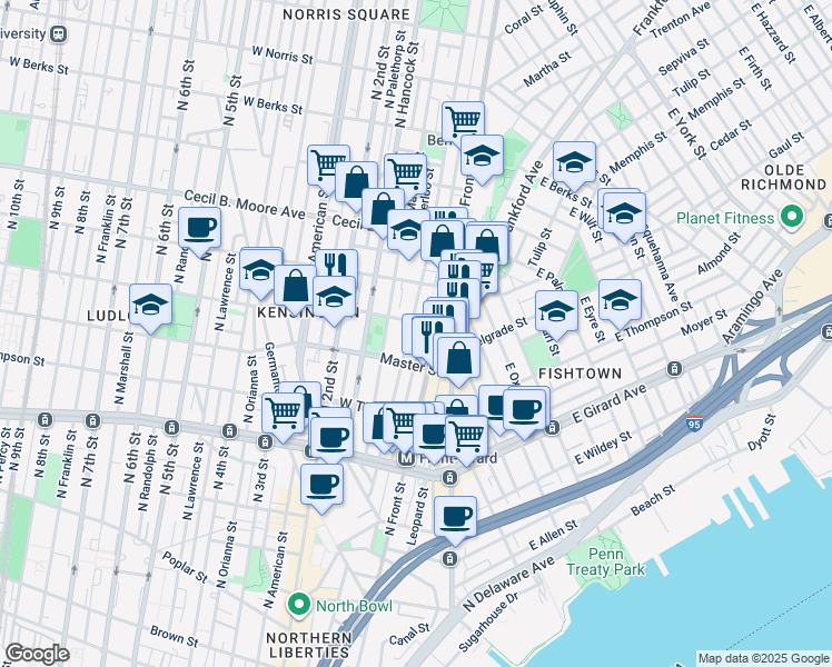 map of restaurants, bars, coffee shops, grocery stores, and more near 1437 North Howard Street in Philadelphia