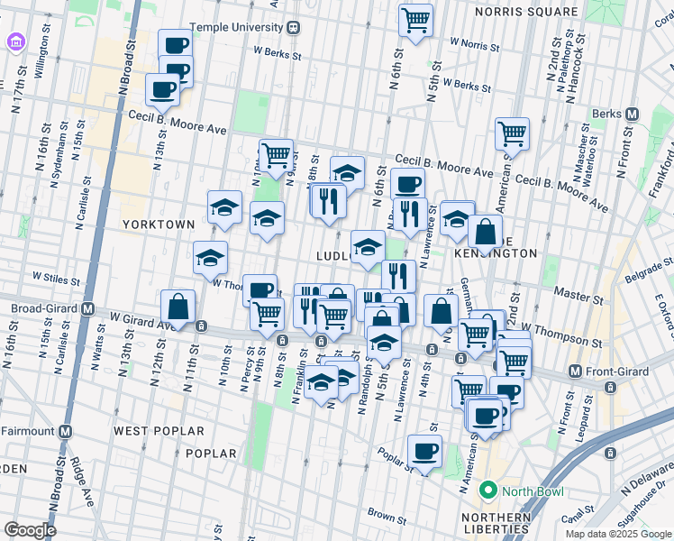 map of restaurants, bars, coffee shops, grocery stores, and more near in Philadelphia